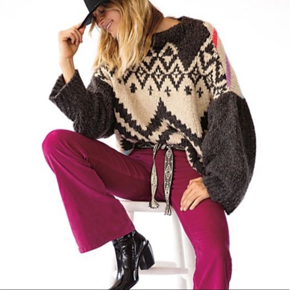 Free People Black and Cream Patterned Sweater